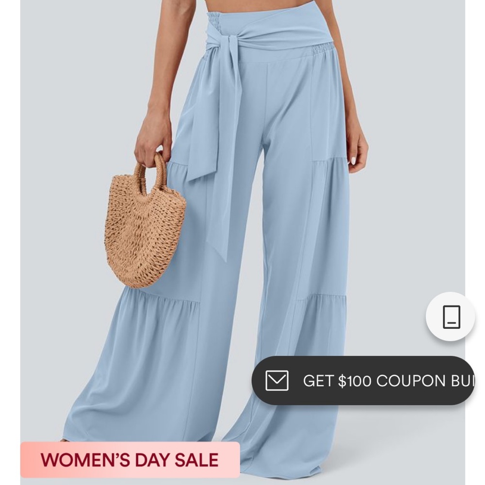 Breezeful High Waisted Shirred Tie Front & Back Wide Leg Flowy